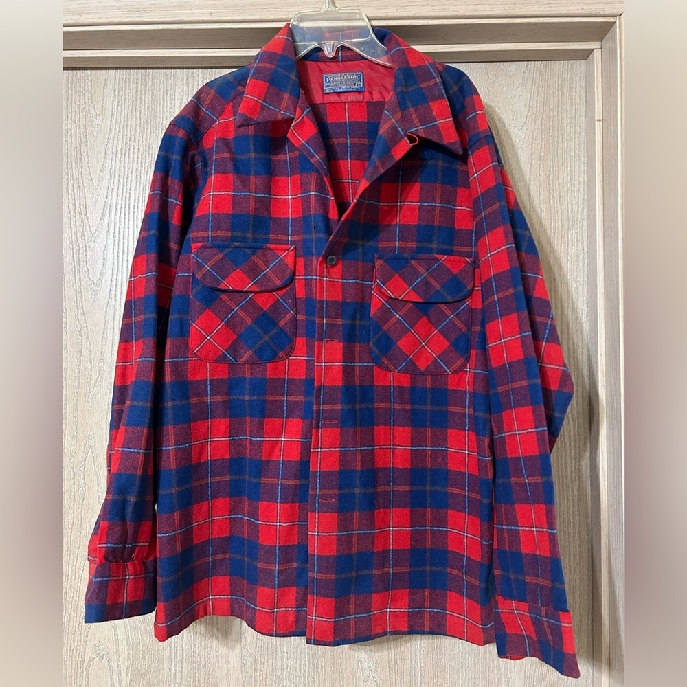 Vintage 60’s Pendleton Loop Collar Wool Board Shirt Red Plaid Medium Made in USA